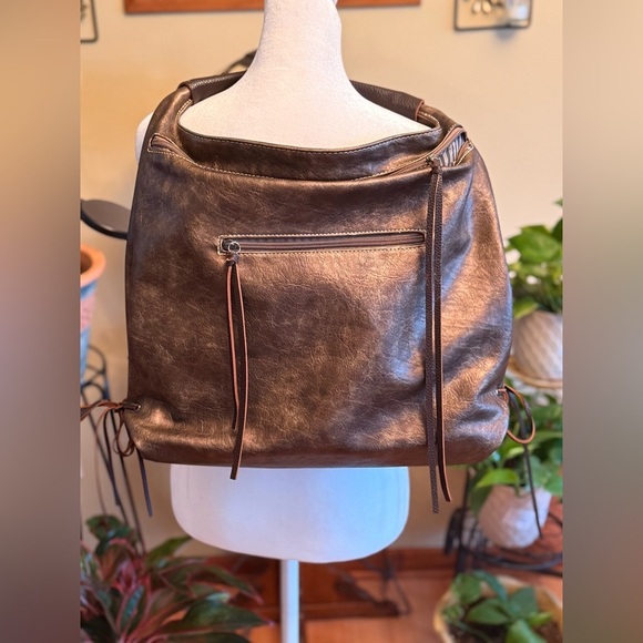 Shomico Brown Metallic PU Leather Fringe Detail Boho Zipper Shoulder Bag Large - Picture 1 of 15